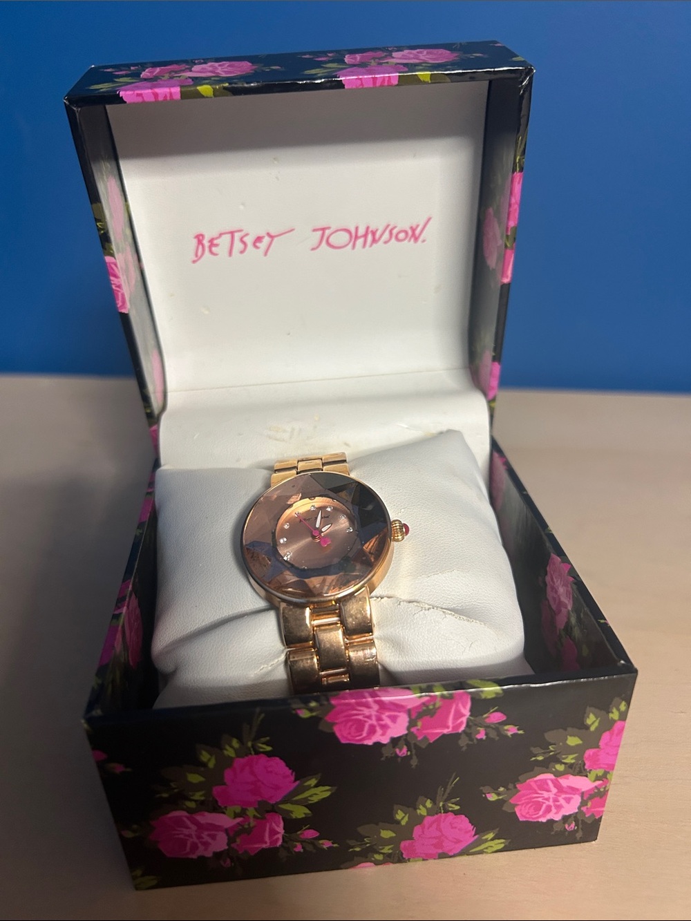 Betsey Johnson Rose Gold Faceted Crystal Dial Bracelet Watch